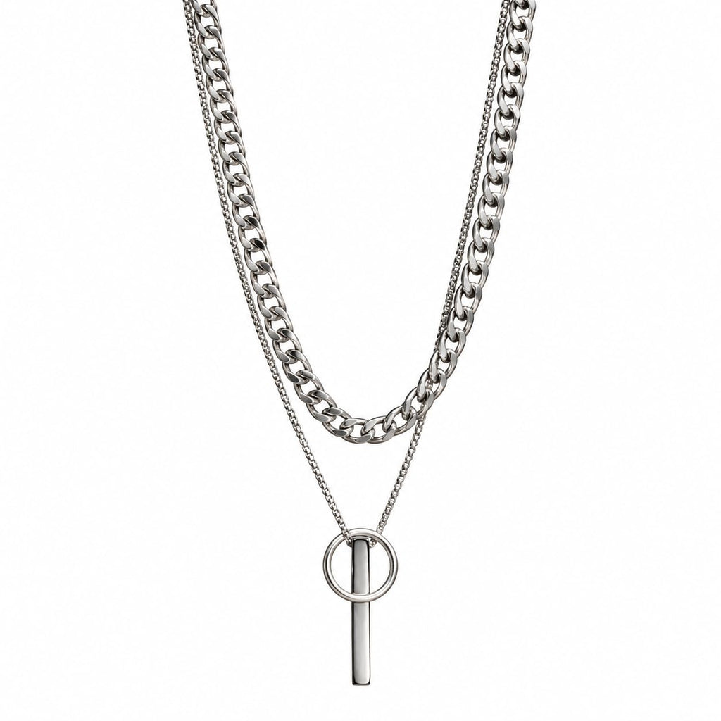 Silver Tone Double Layer Ring Bar Pendant Necklace