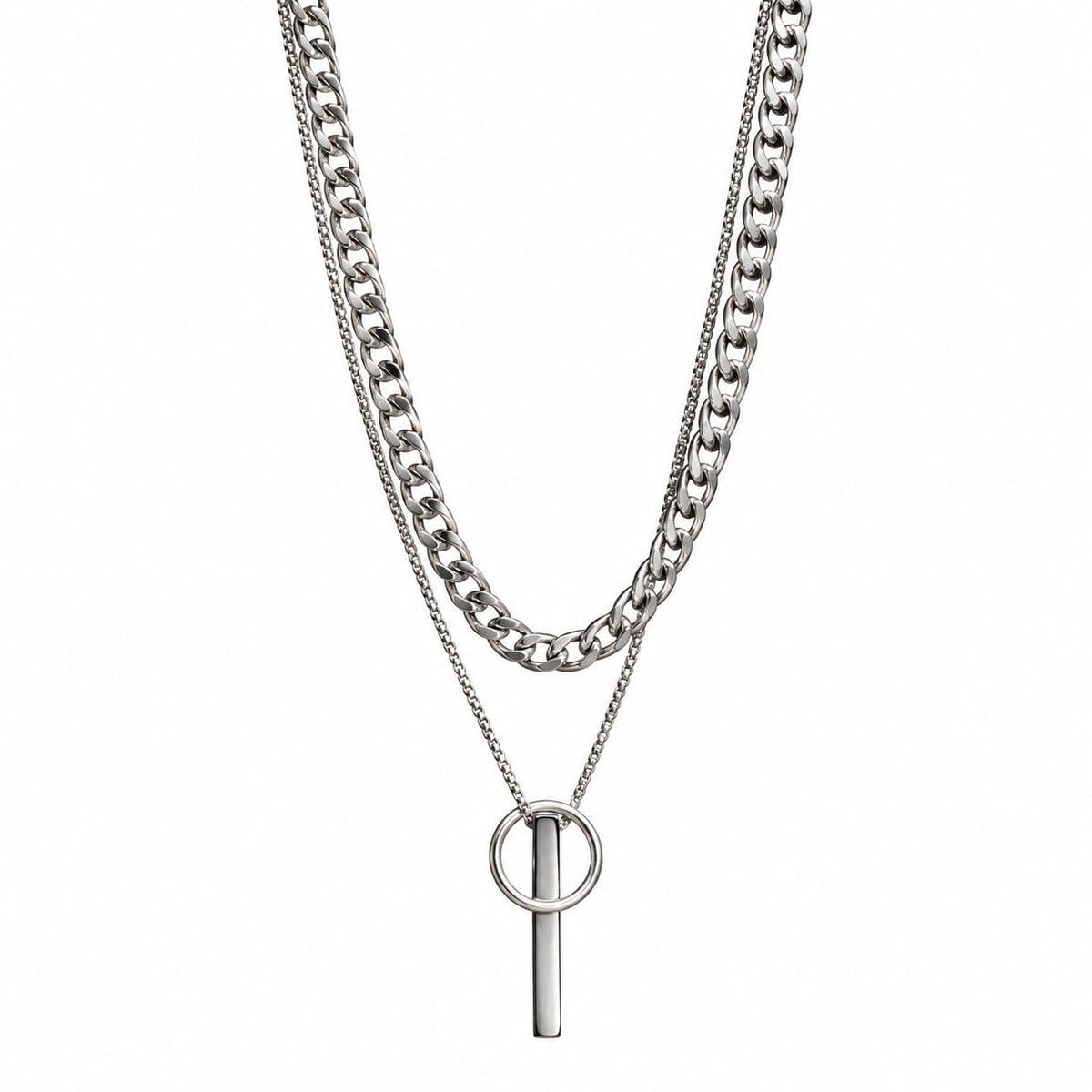 Silver Tone Double Layer Ring Bar Pendant Necklace