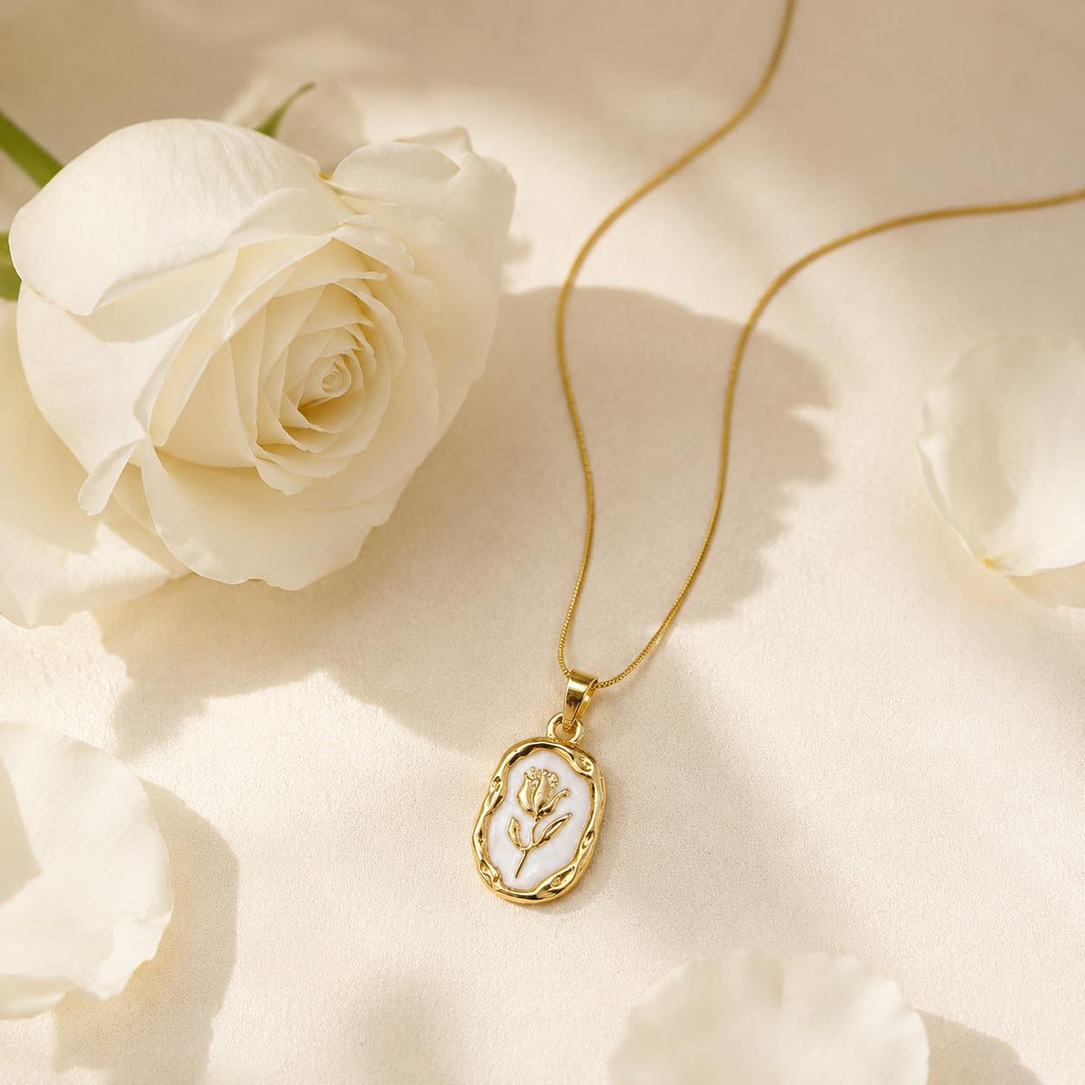 Floral Rose Pendant Necklace (Golden, White)