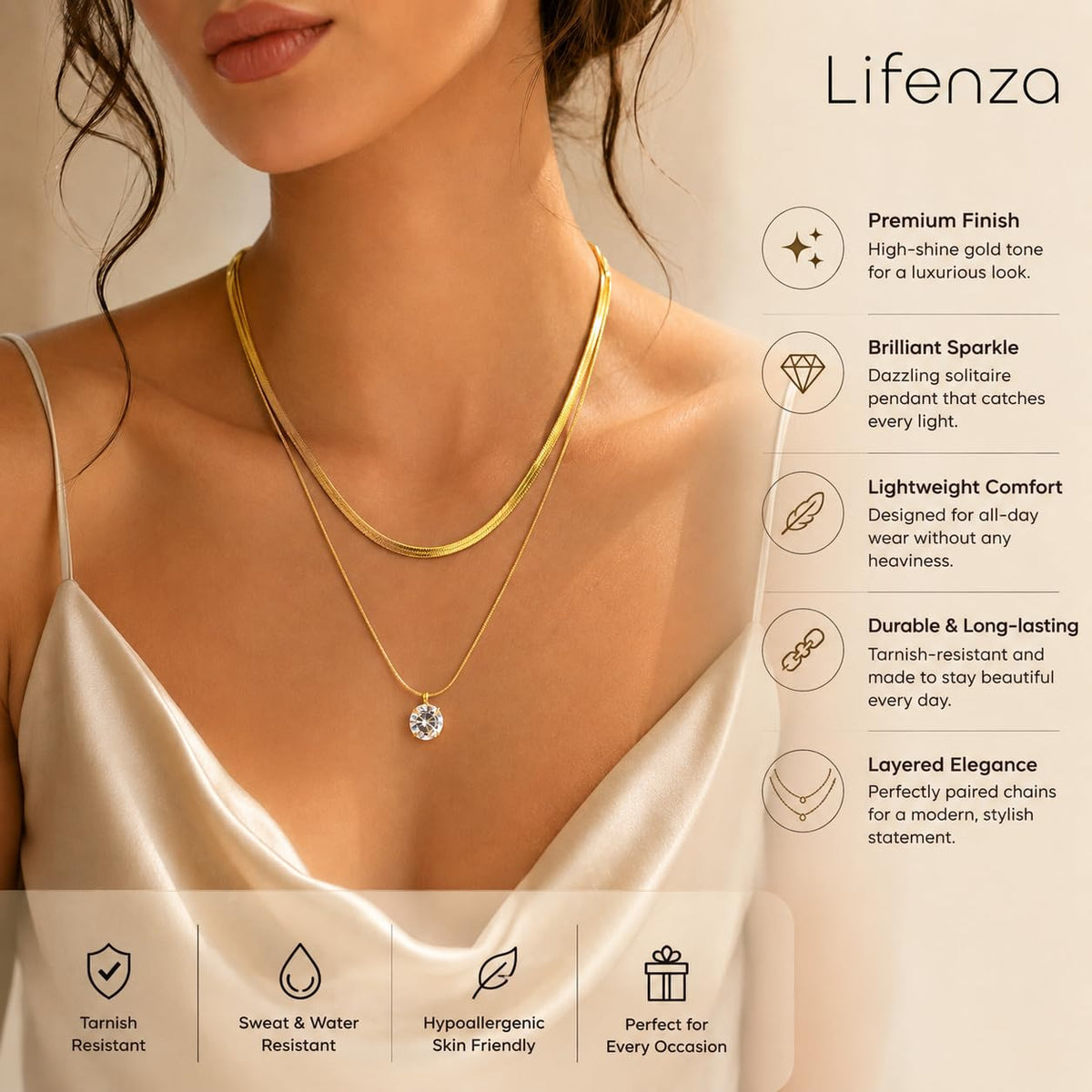 Solitaire Double Layer Pendant Necklace (Golden, White)