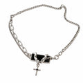 Black Onyx Silver Tone Cross Pendant Necklace