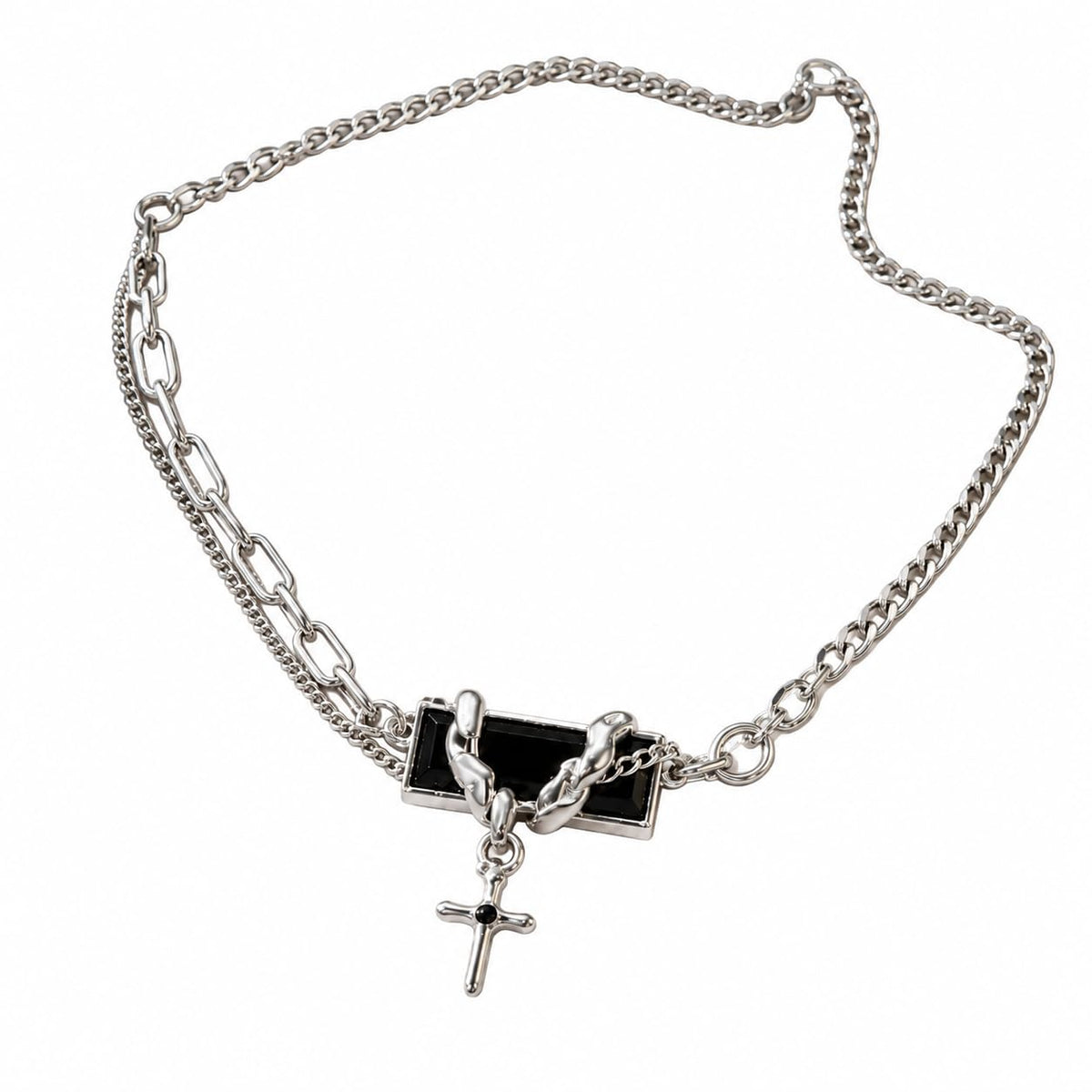 Black Onyx Silver Tone Cross Pendant Necklace