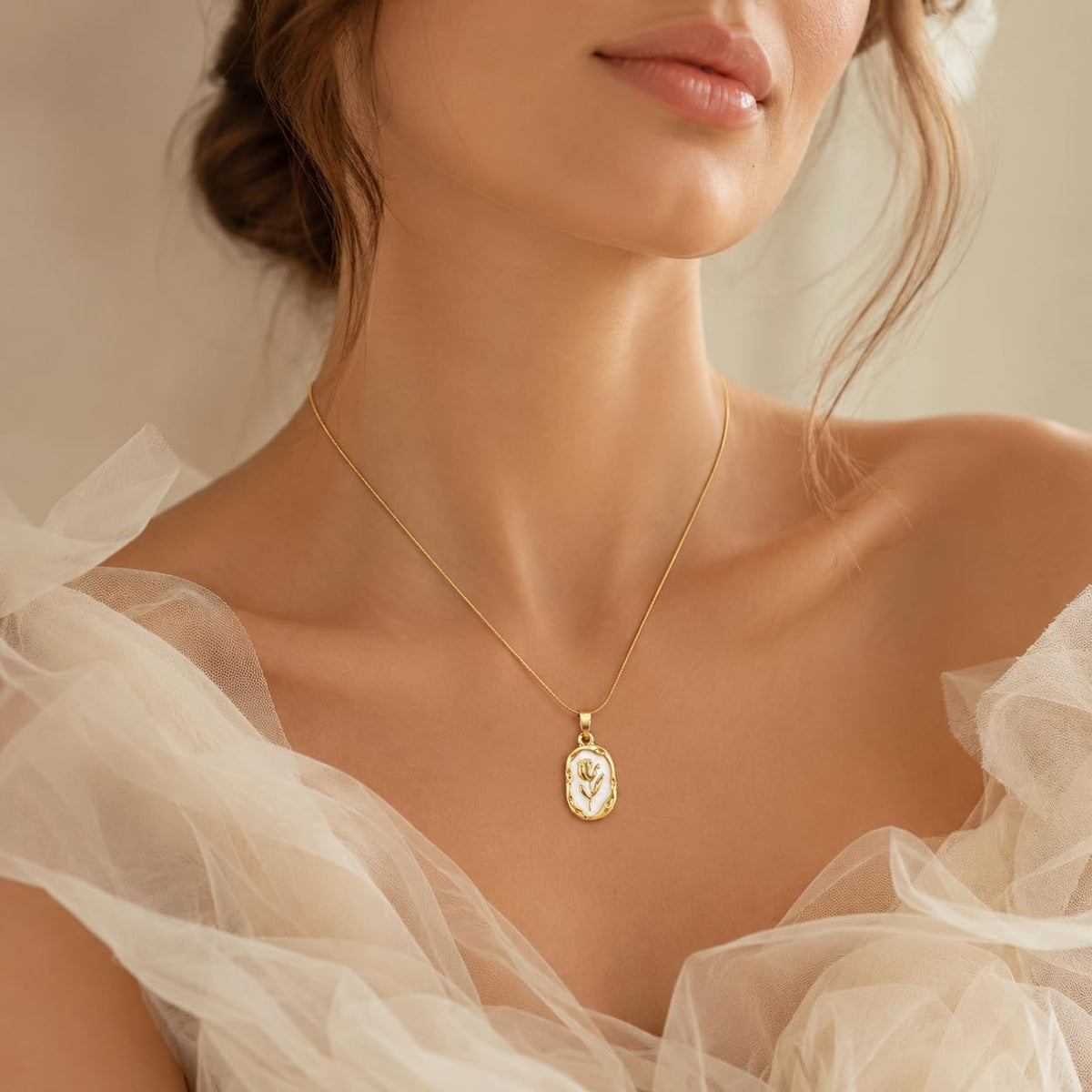 Floral Rose Pendant Necklace (Golden, White)