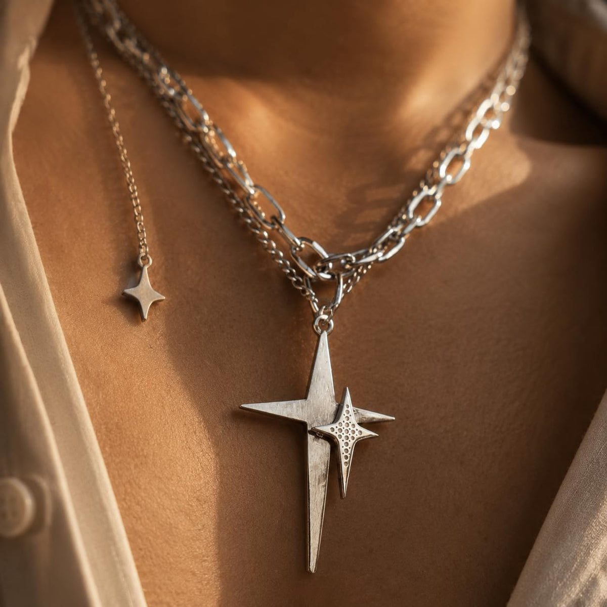 Cosmic Dual Star Charm Necklace