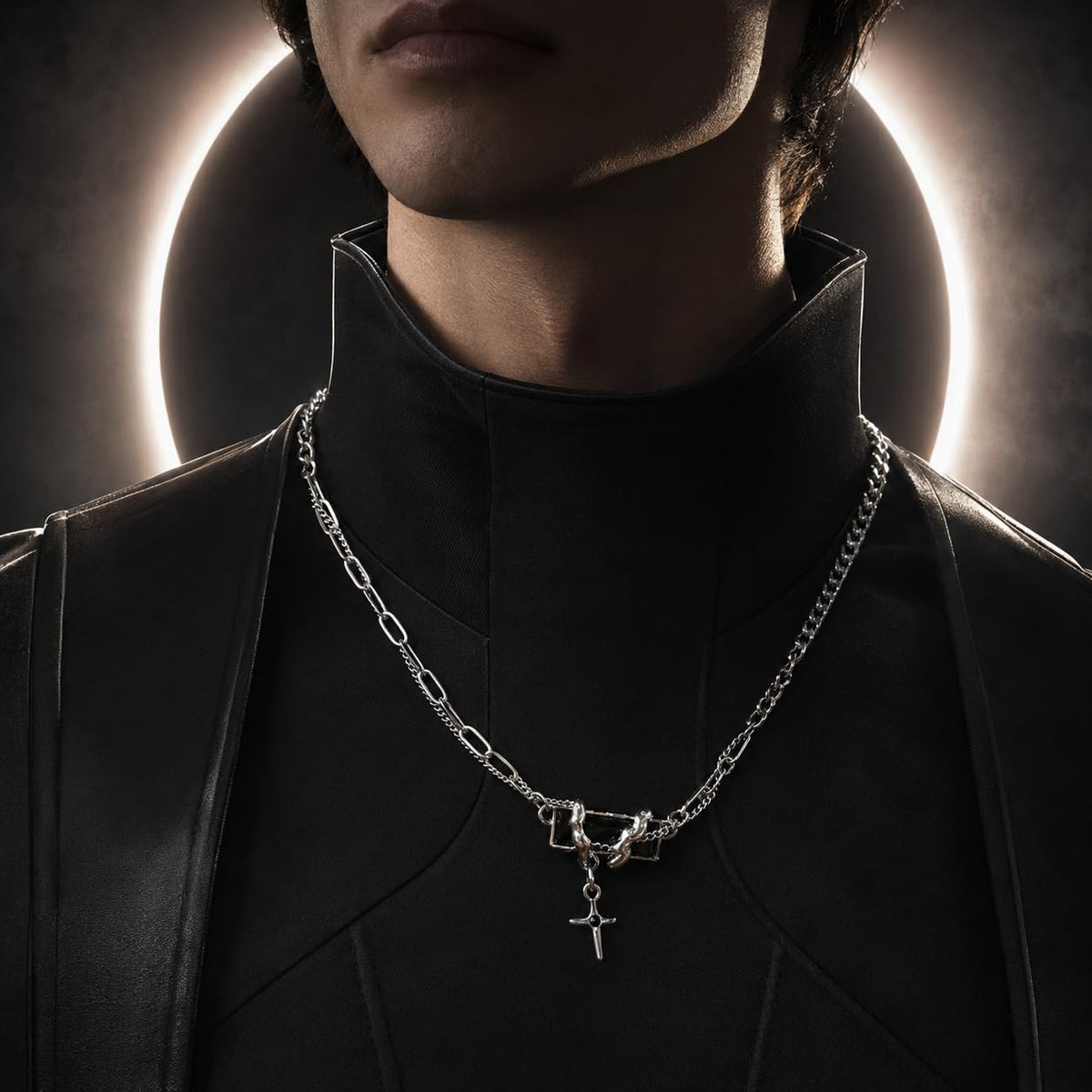 Black Onyx Silver Tone Cross Pendant Necklace