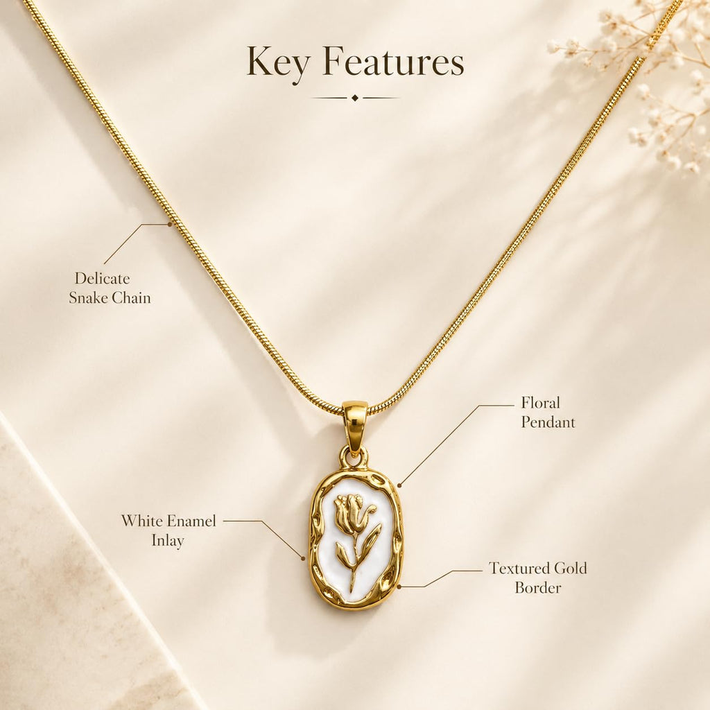 Floral Rose Pendant Necklace (Golden, White)