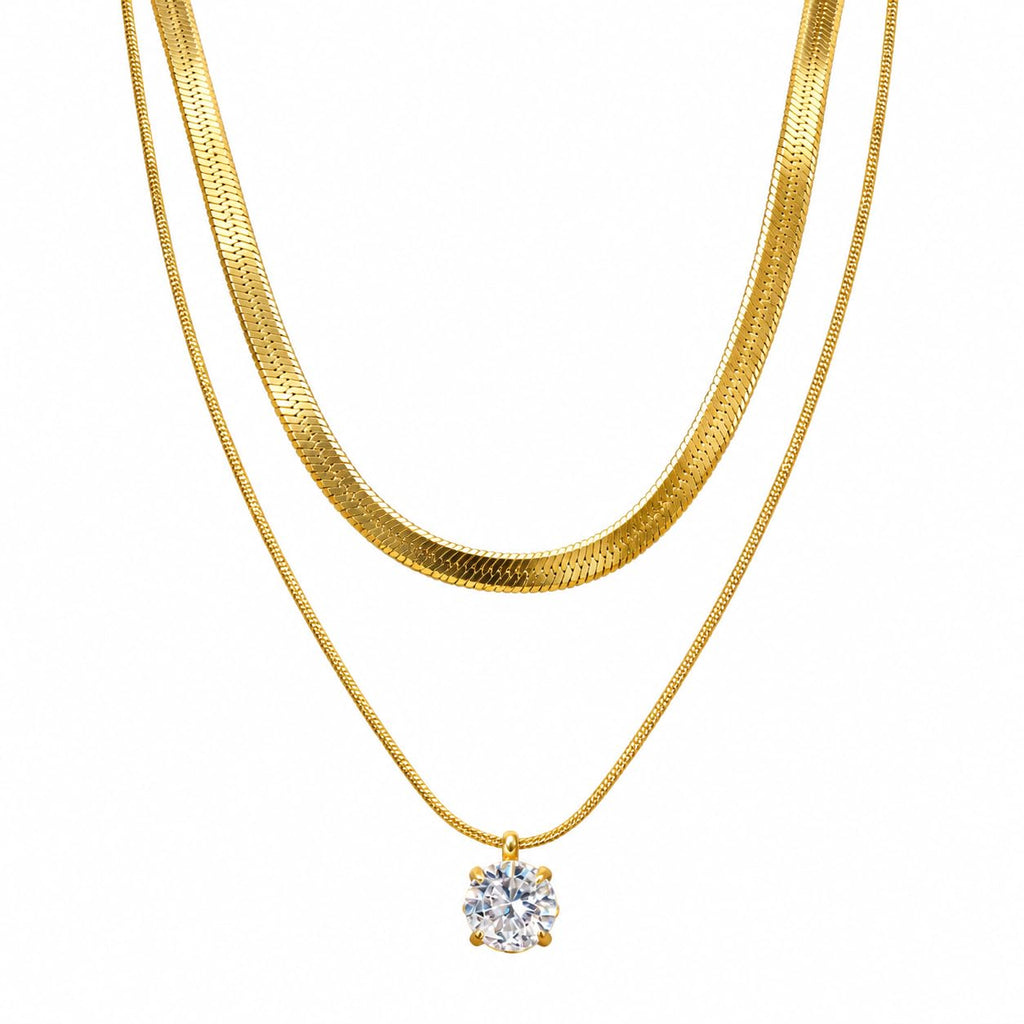 Solitaire Double Layer Pendant Necklace (Golden, White)
