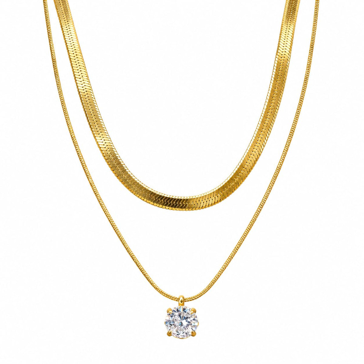 Solitaire Double Layer Pendant Necklace (Golden, White)