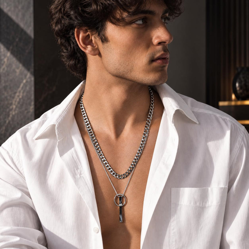 Silver Tone Double Layer Ring Bar Pendant Necklace