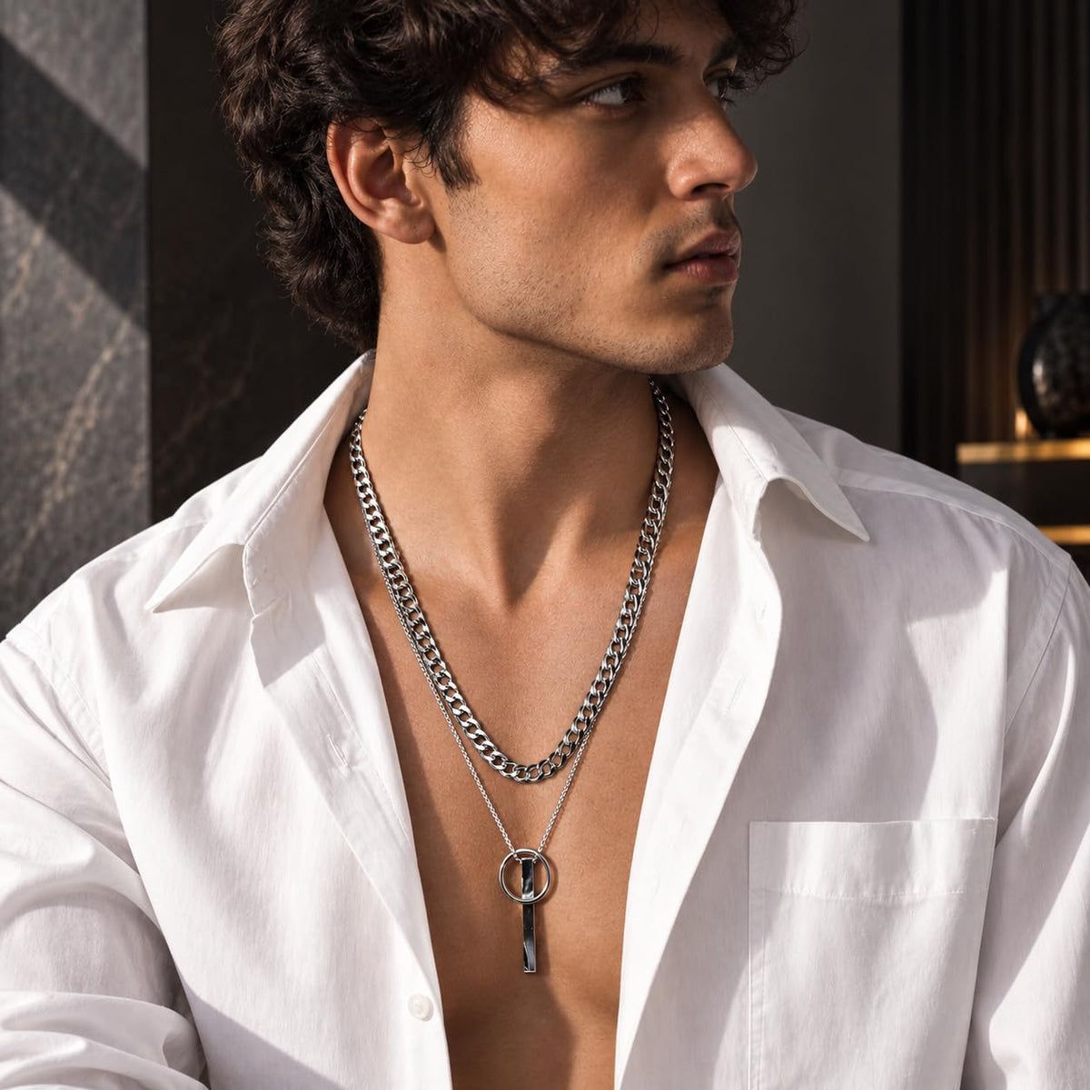 Silver Tone Double Layer Ring Bar Pendant Necklace