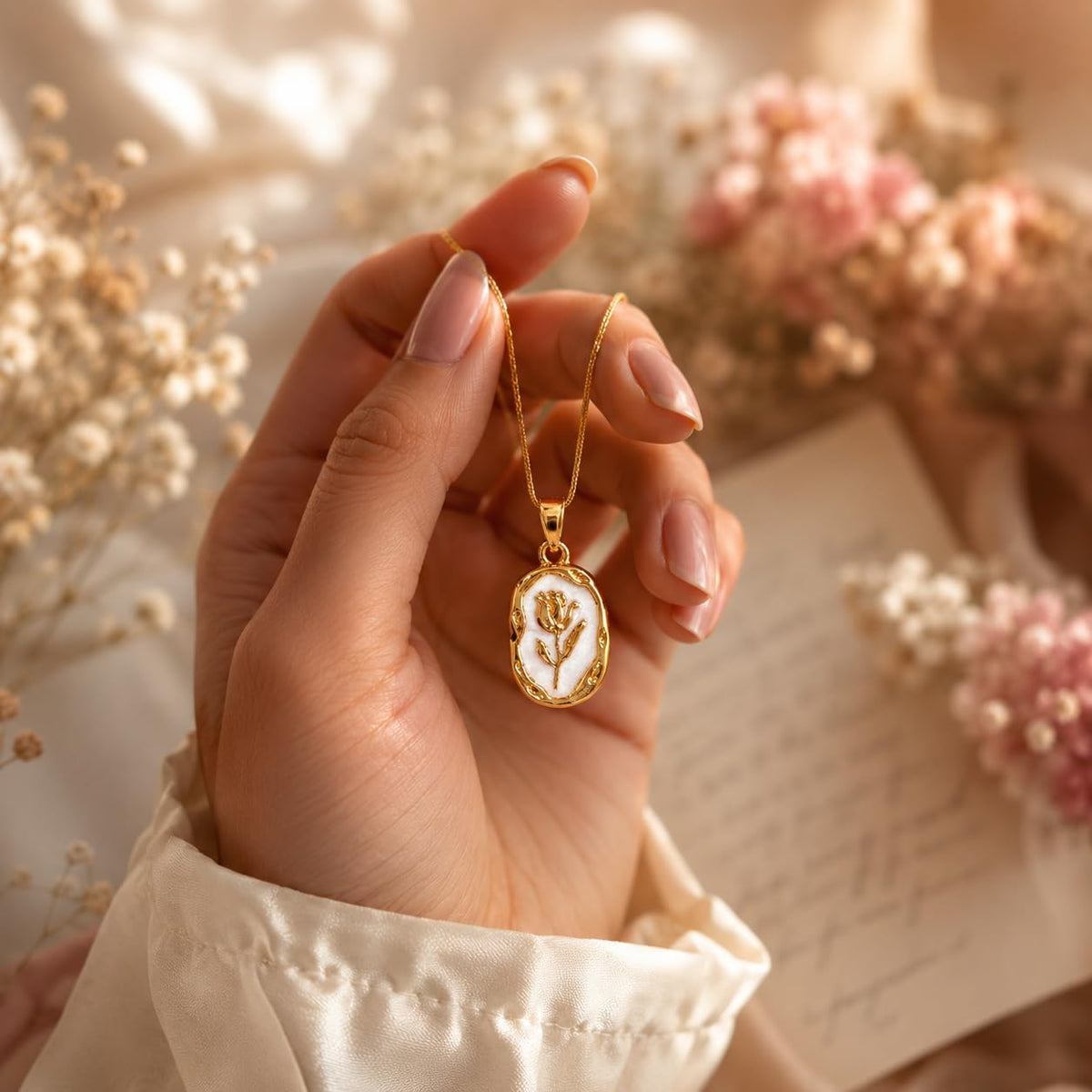 Floral Rose Pendant Necklace (Golden, White)