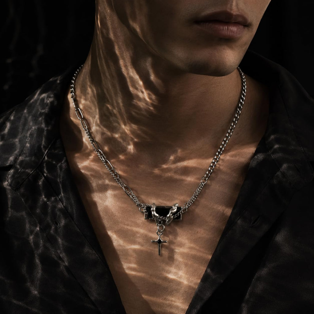 Black Onyx Silver Tone Cross Pendant Necklace