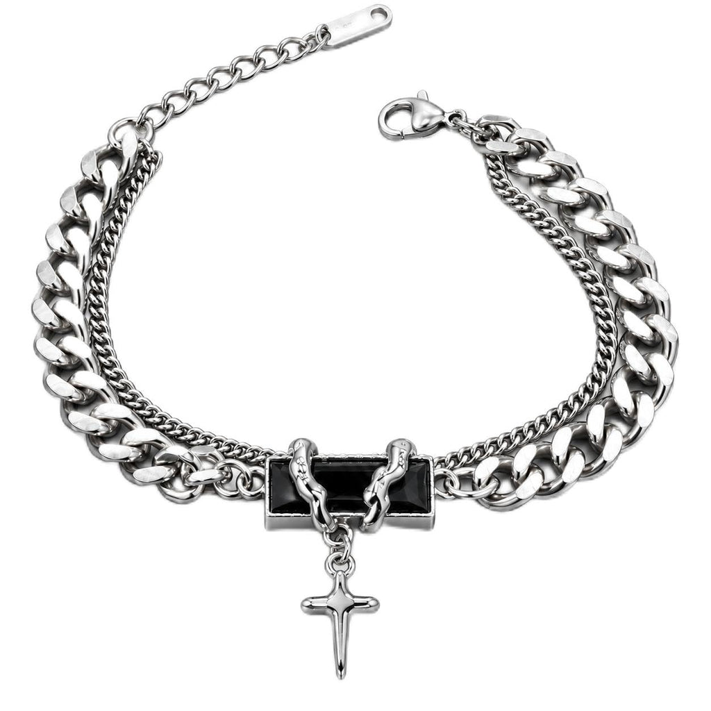 Men's Double Layer Cross Pendant Bracelet (Silver, Black)