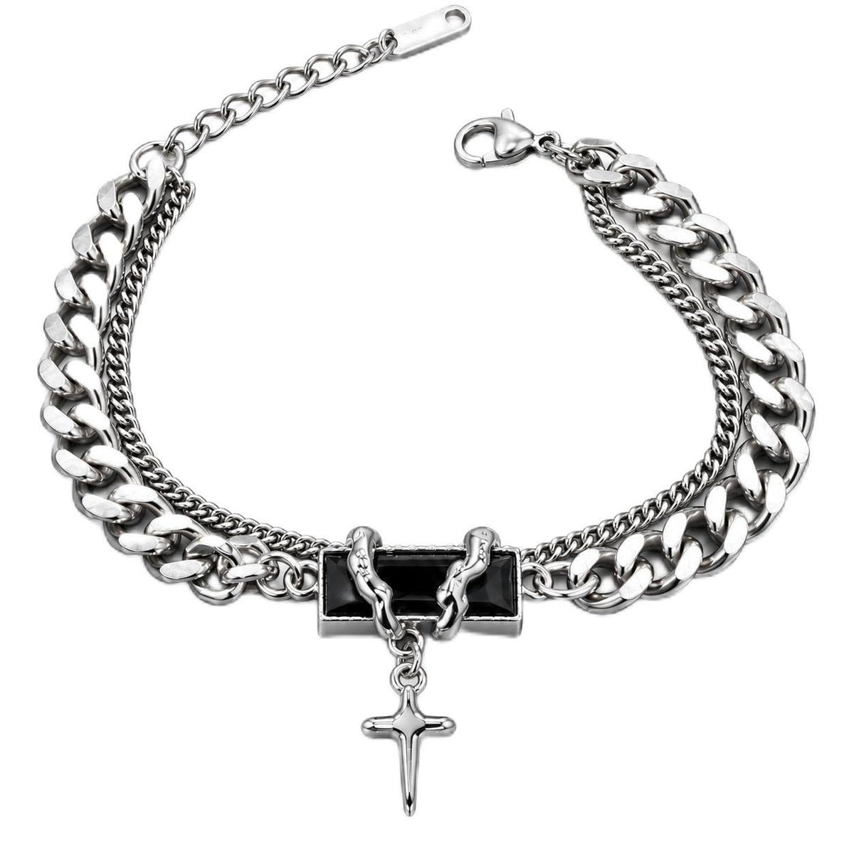 Men's Double Layer Cross Pendant Bracelet (Silver, Black)