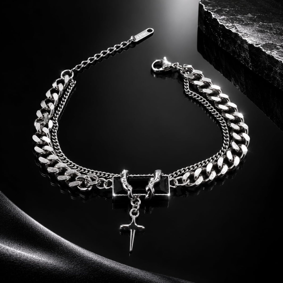 Men's Double Layer Cross Pendant Bracelet (Silver, Black)