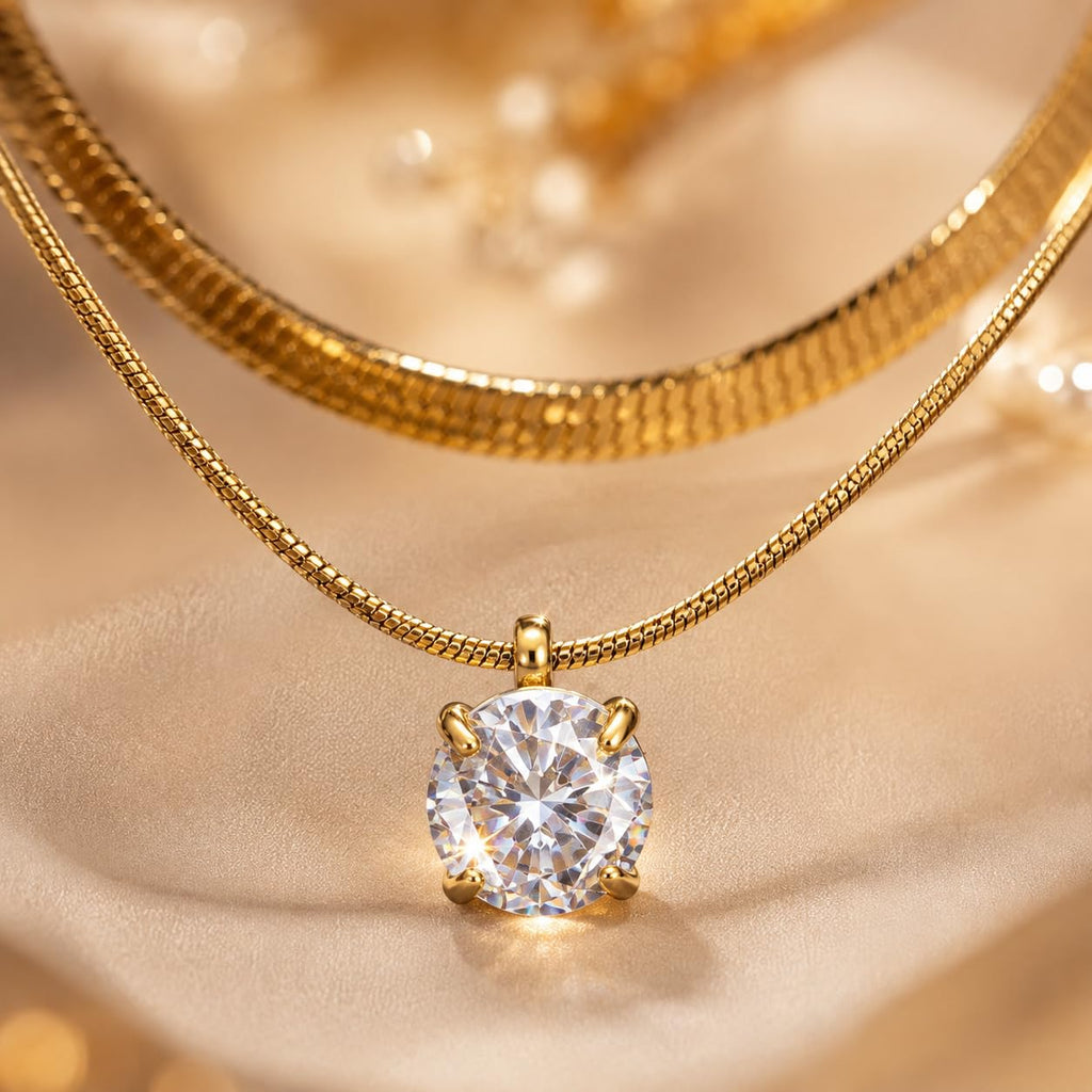Solitaire Double Layer Pendant Necklace (Golden, White)
