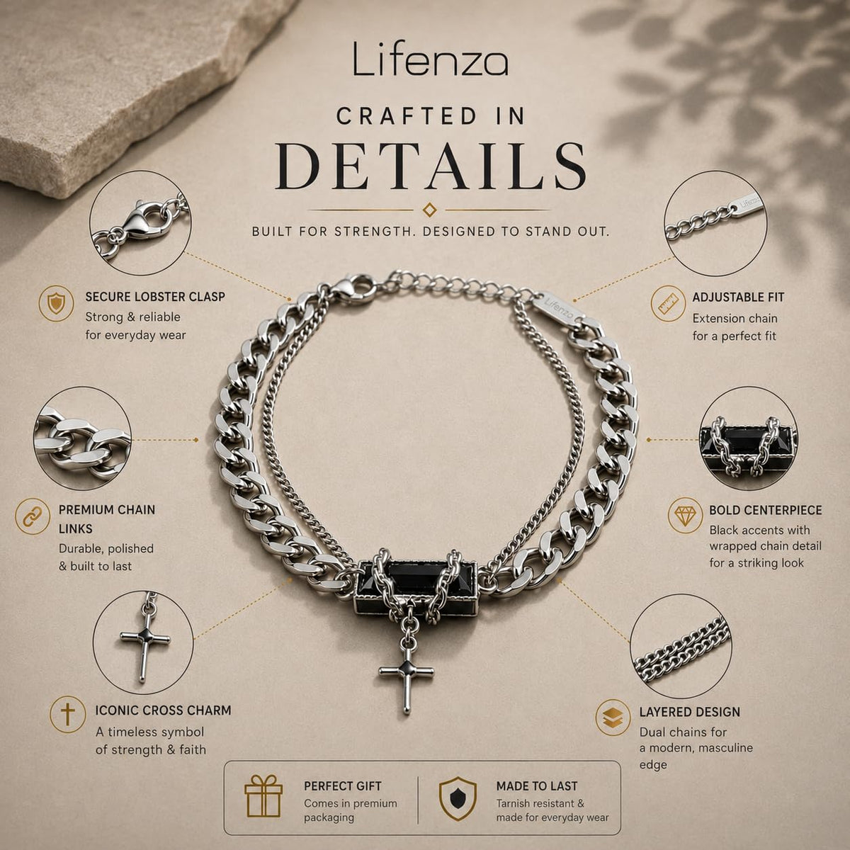 Men's Double Layer Cross Pendant Bracelet (Silver, Black)
