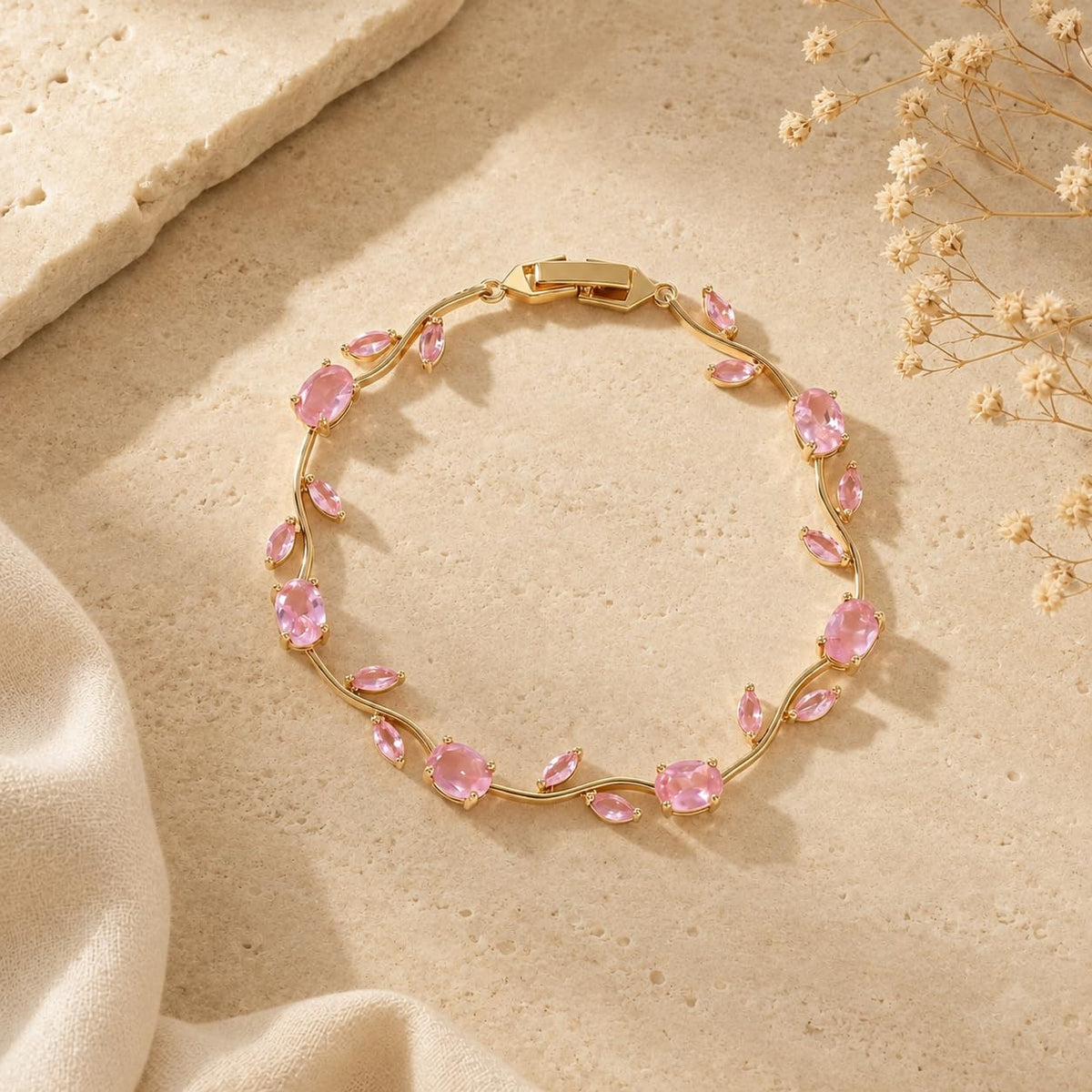 Emerald Tulip Link Bracelet (Pink, Gold)
