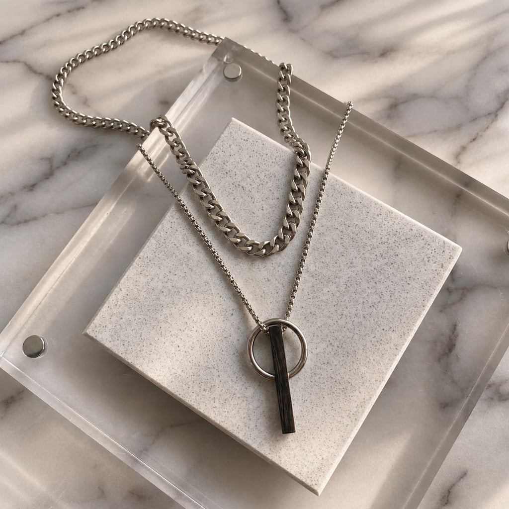 Silver Tone Double Layer Ring Bar Pendant Necklace