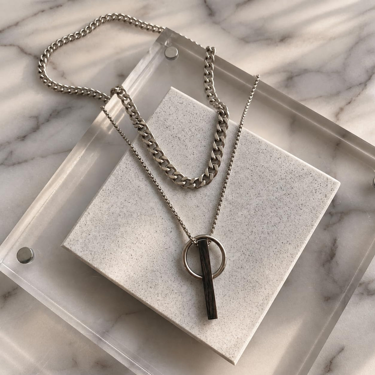 Silver Tone Double Layer Ring Bar Pendant Necklace
