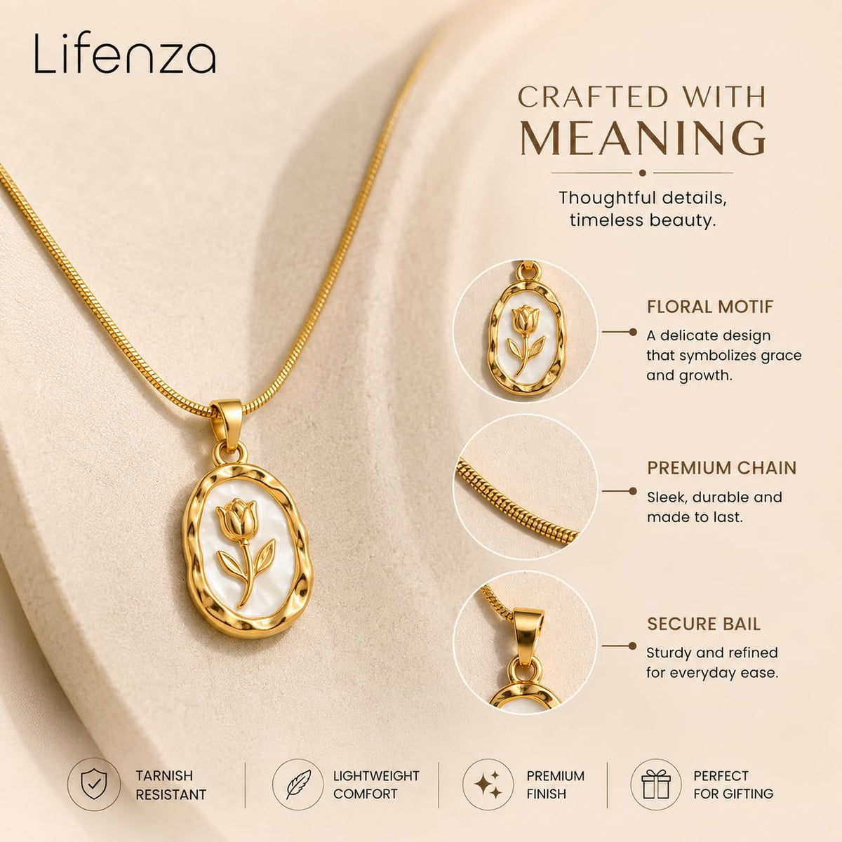 Floral Rose Pendant Necklace (Golden, White)