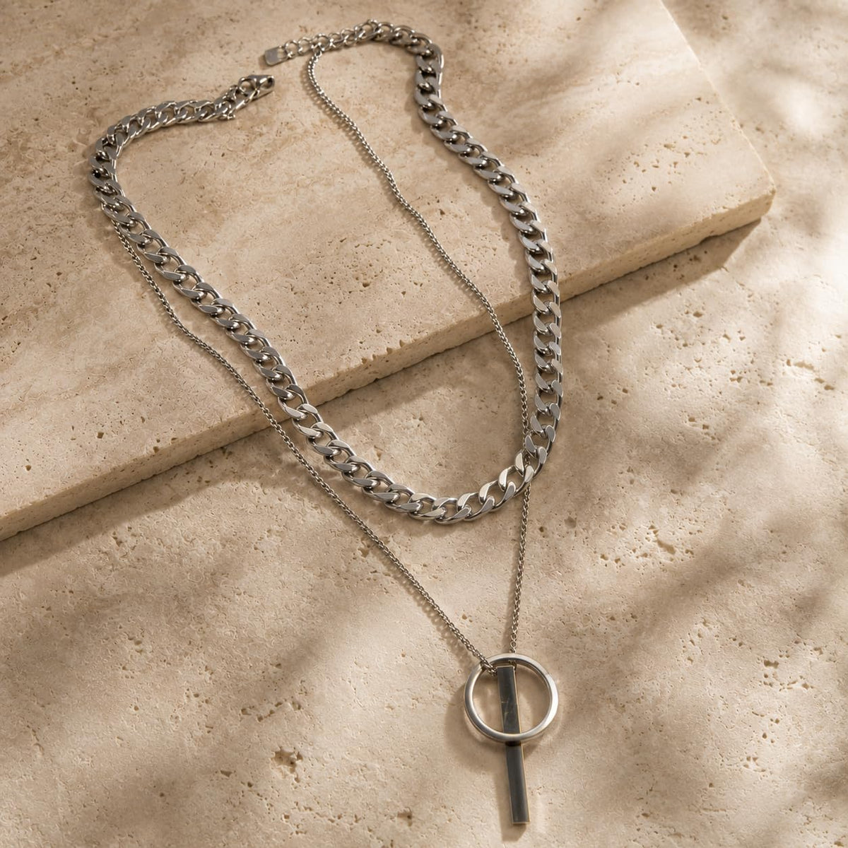Silver Tone Double Layer Ring Bar Pendant Necklace