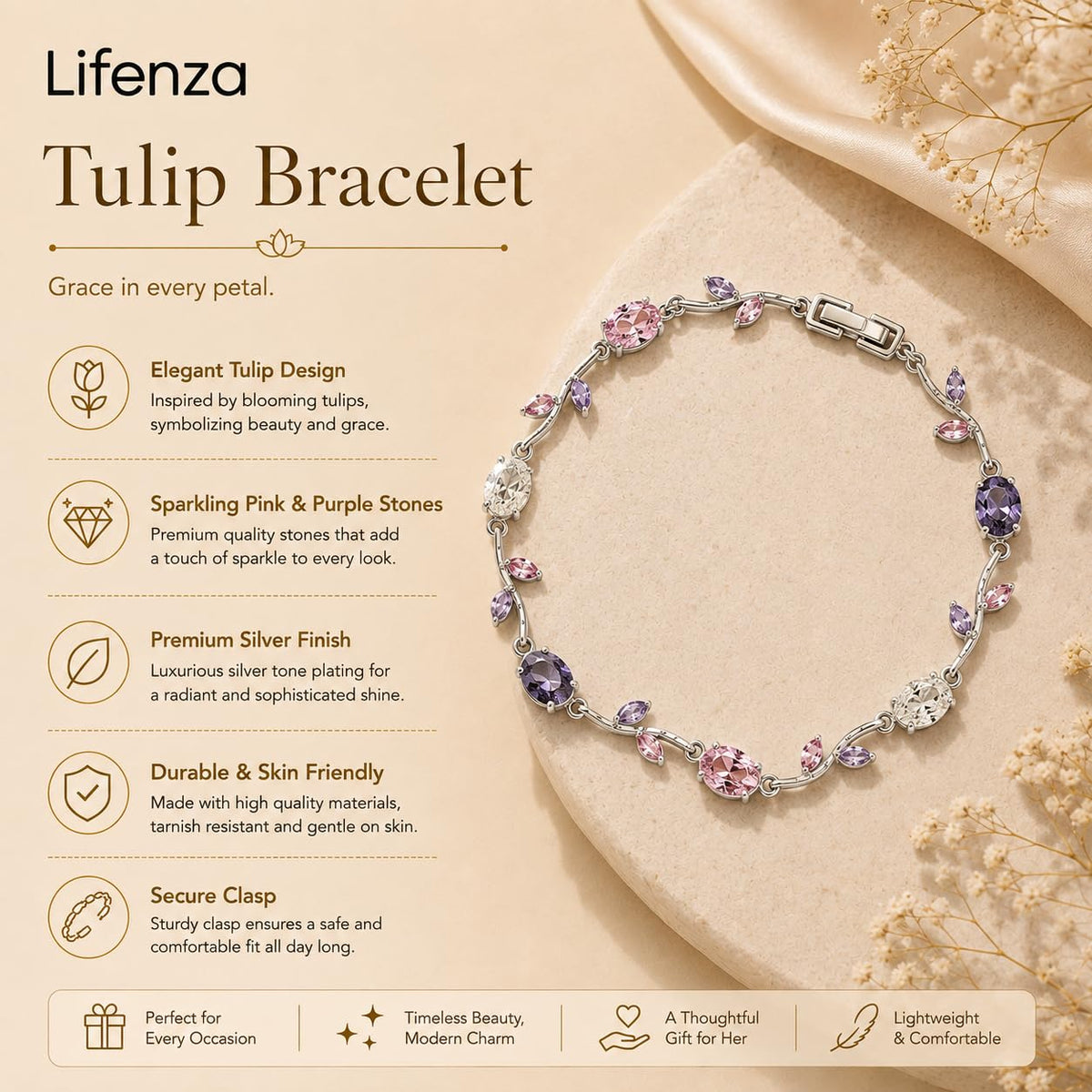 Emerald Tulip Link Bracelet (Pink, Purple, Silver)