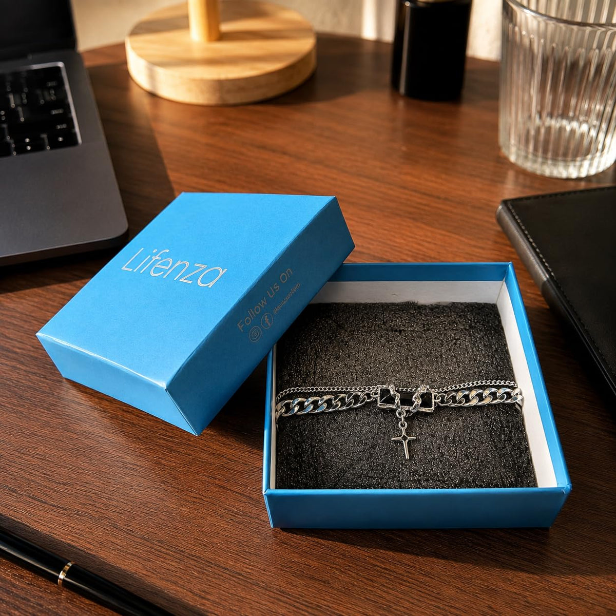 Men's Double Layer Cross Pendant Bracelet (Silver, Black)
