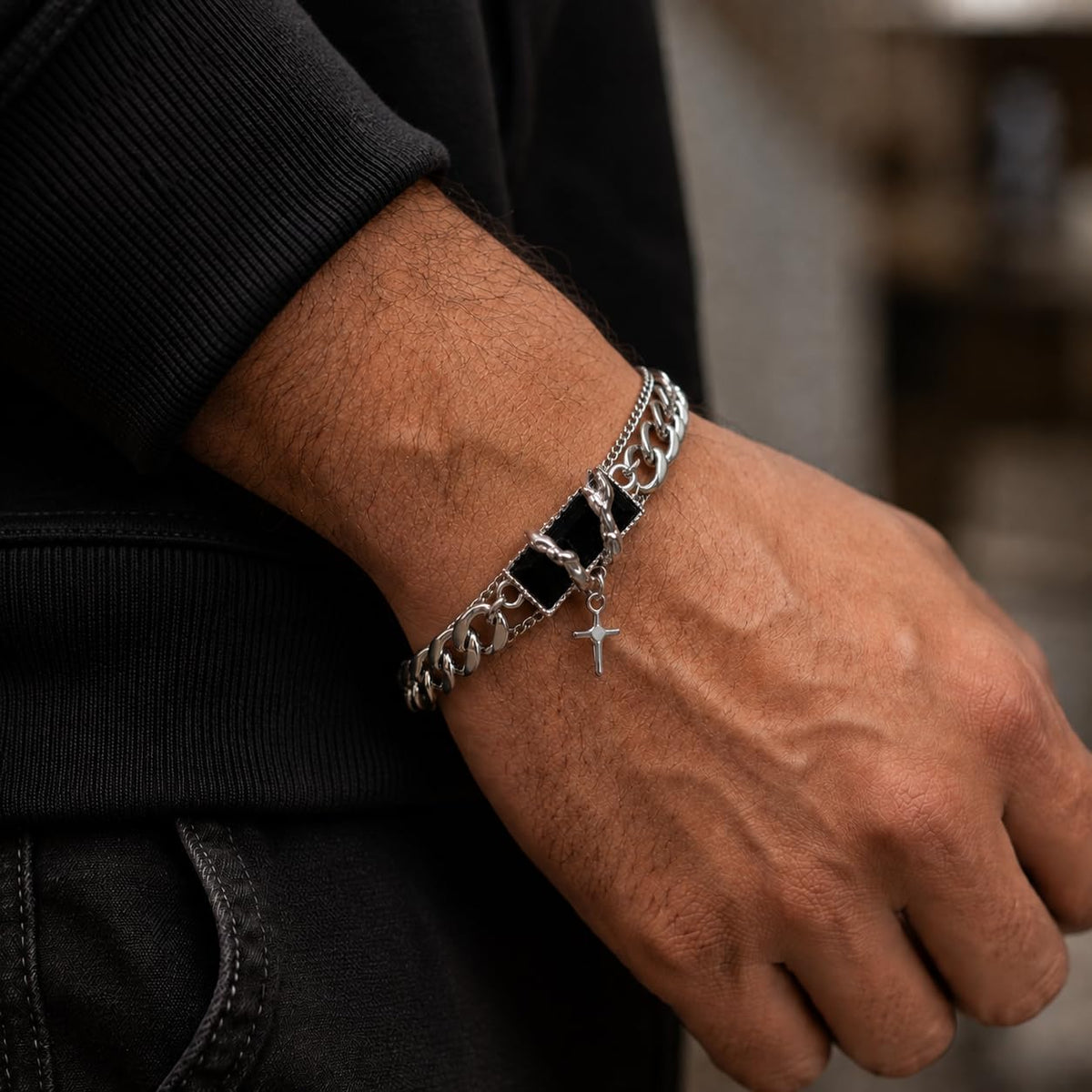 Men's Double Layer Cross Pendant Bracelet (Silver, Black)
