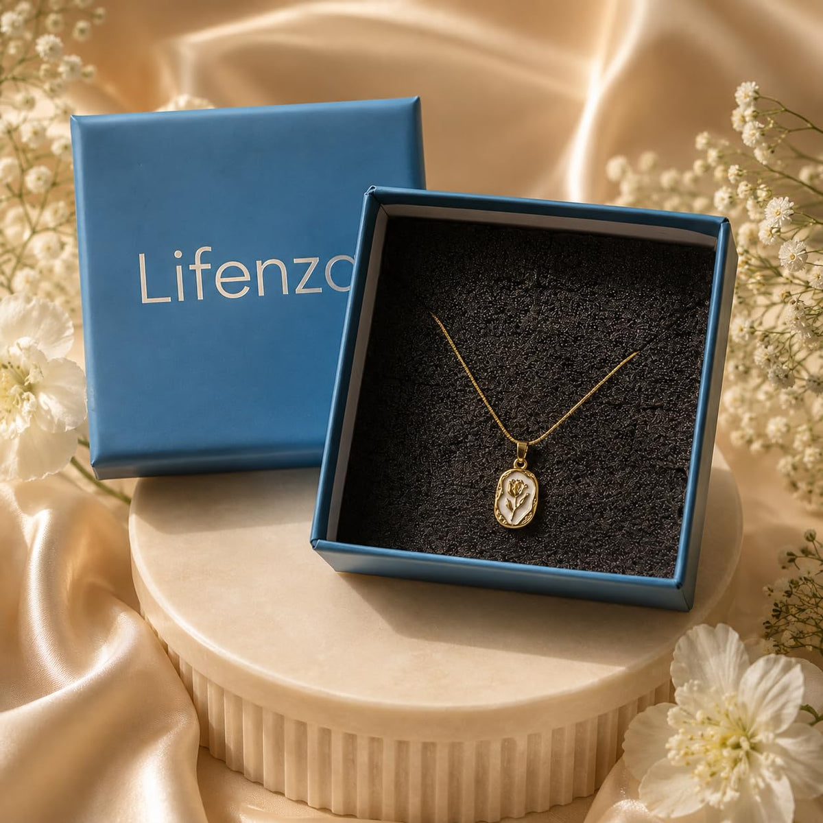 Floral Rose Pendant Necklace (Golden, White)