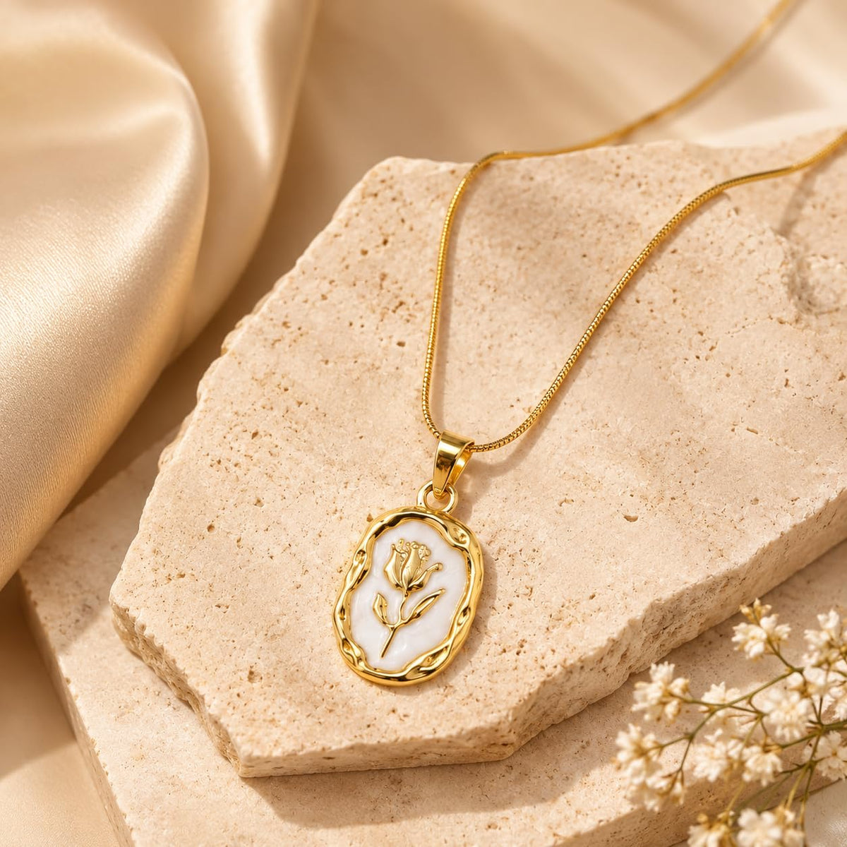 Floral Rose Pendant Necklace (Golden, White)