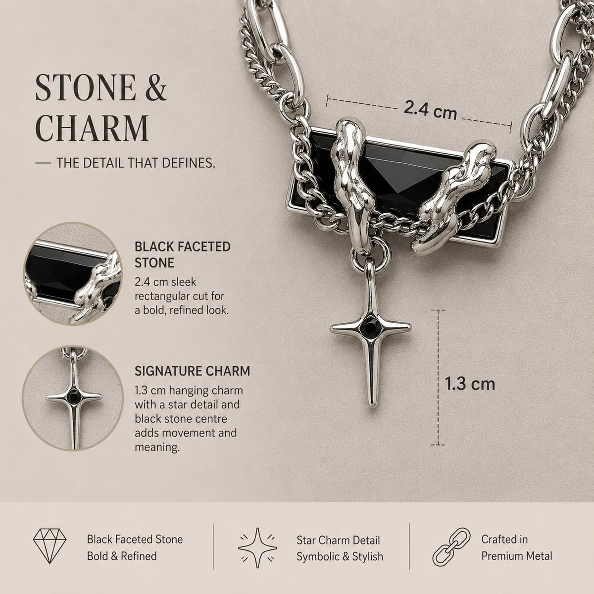 Black Onyx Silver Tone Cross Pendant Necklace