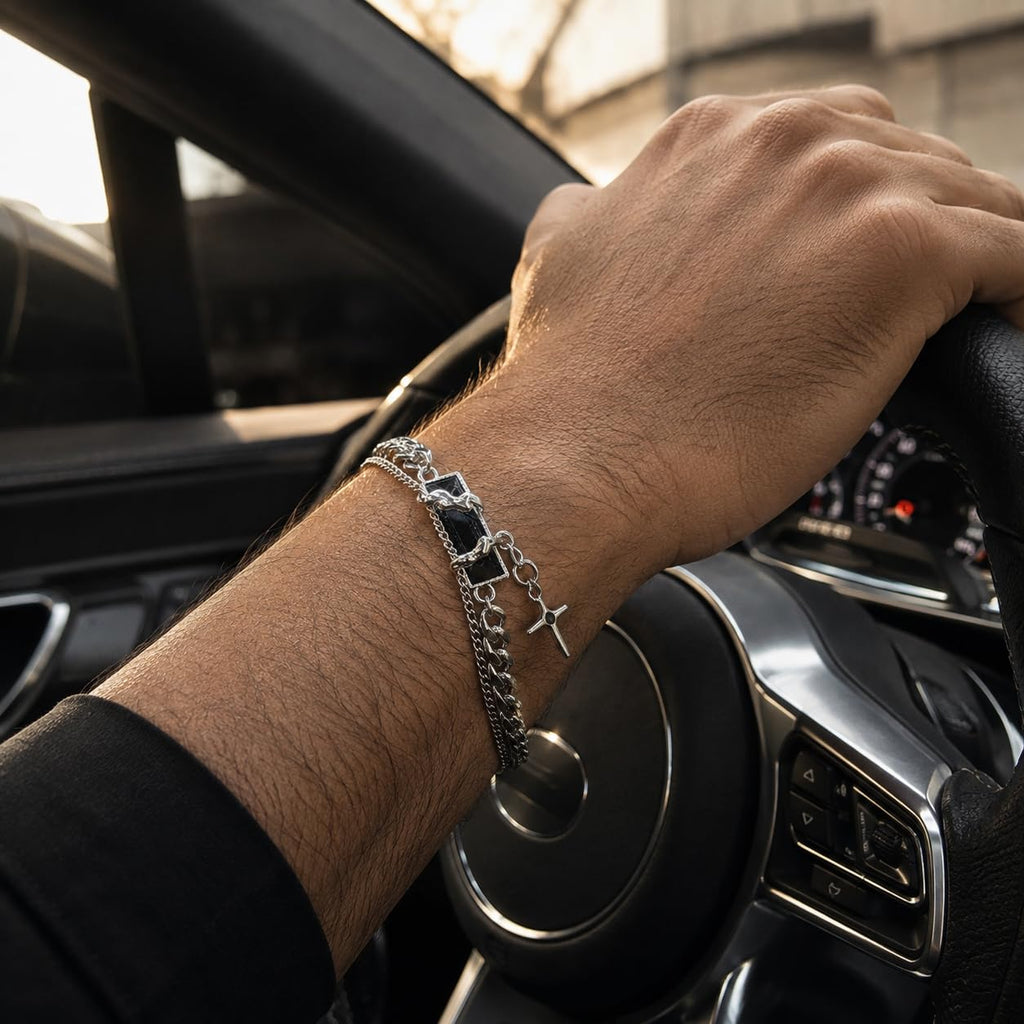 Men's Double Layer Cross Pendant Bracelet (Silver, Black)
