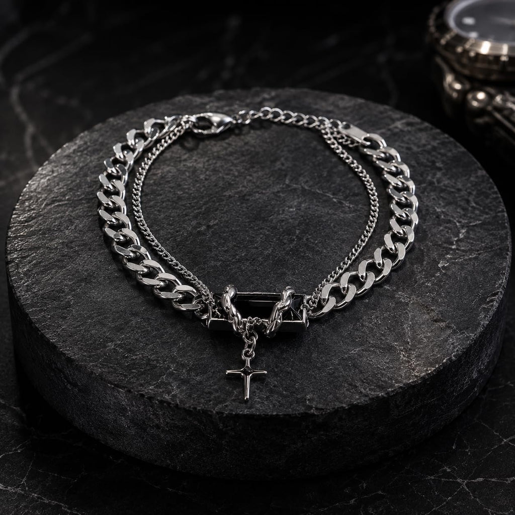 Men's Double Layer Cross Pendant Bracelet (Silver, Black)