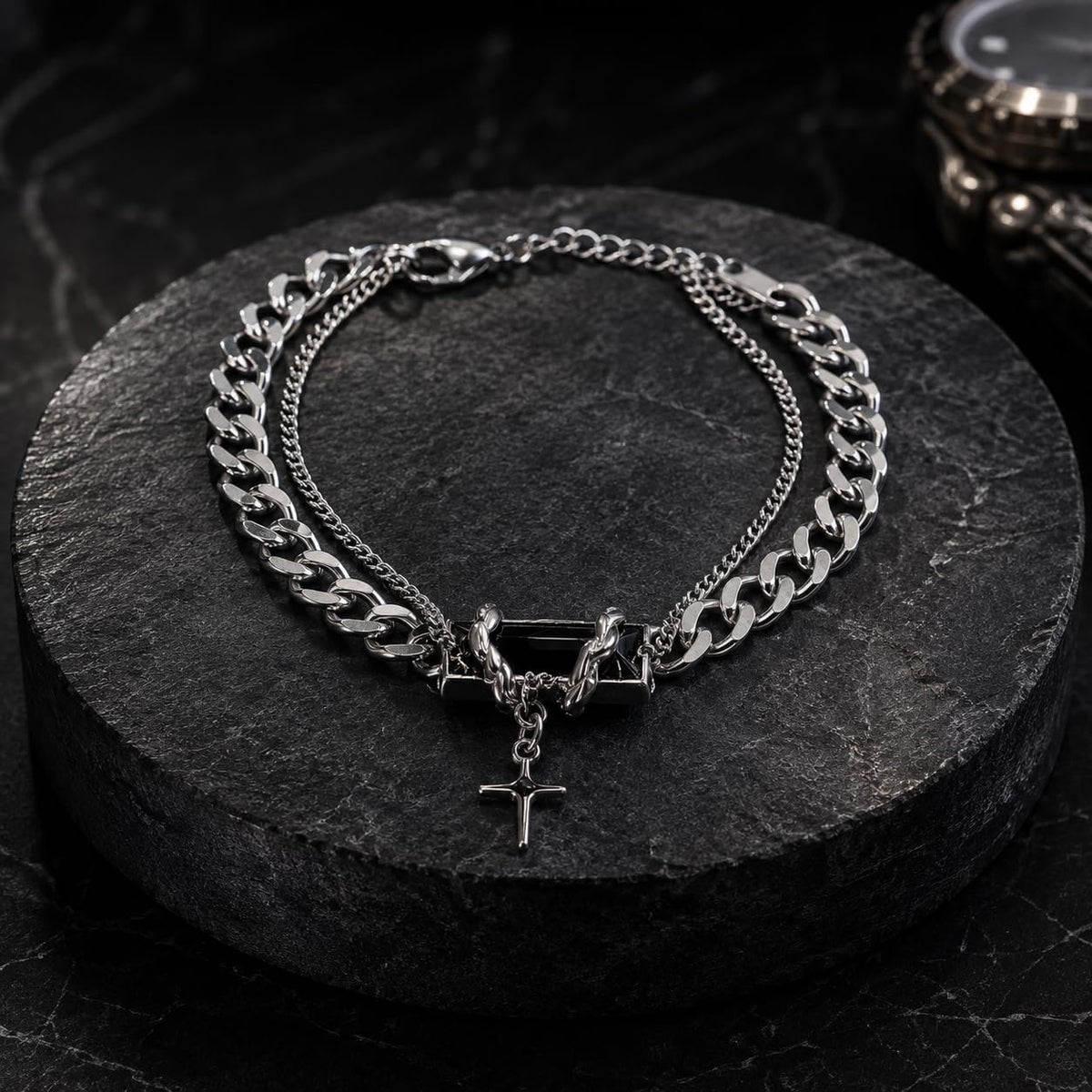 Men's Double Layer Cross Pendant Bracelet (Silver, Black)