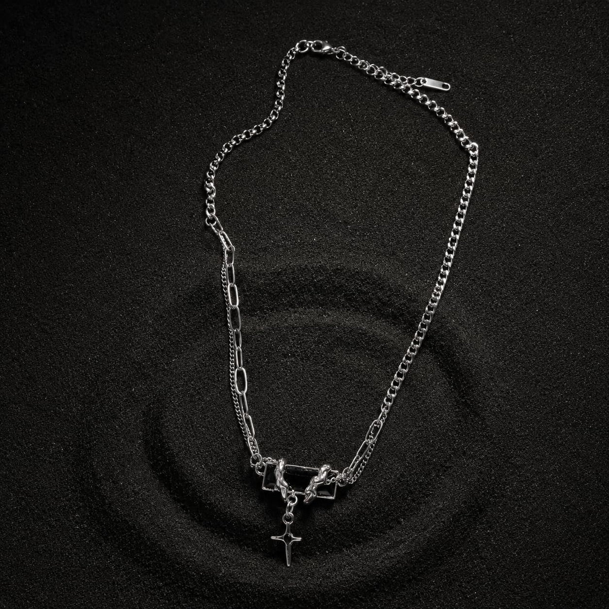 Black Onyx Silver Tone Cross Pendant Necklace
